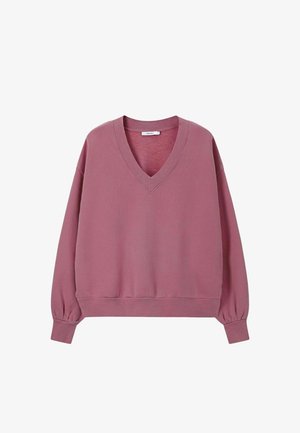 Lang mauve sweatshirt met lange mouwen, V-hals, geribbelde boorden en zoom, weergegeven op een witte achtergrond.
