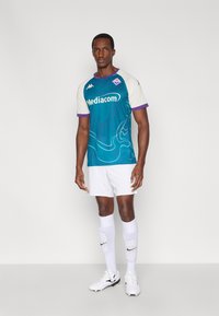 Nogometni dres v timijanovi zeleni in krem barvi z valovitim vzorcem ter vijoličnimi poudarki, kombiniran z belimi kratkimi hlačami in nogavicami, obut s belimi kopačkami.