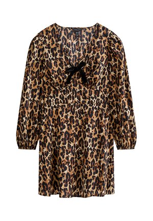 Abito a maniche lunghe con stampa leopardata, polsini arricciati, scollatura a V profonda e dettaglio a fiocco nero al centro davanti.