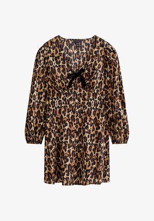 Abito a maniche lunghe con stampa leopardata, polsini arricciati, scollatura a V profonda e dettaglio a fiocco nero al centro davanti.