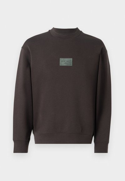 Brūna sporta jaka ar apaļu kaklu un ribotiem aproču galiem, priekšpusē ar taisnstūra zaļu etiķeti ar iedzļautu tekstu. Mīksts audums.