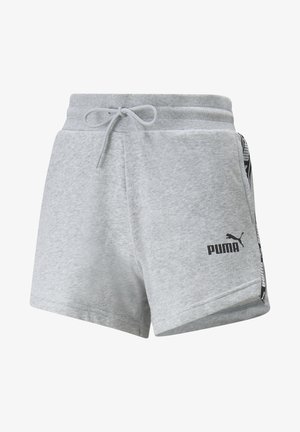 Jasnoszare spodenki Puma z elastycznym pasem, sznurkiem, bocznymi kieszeniami i firmowym logo na przedniej części lewego uda.