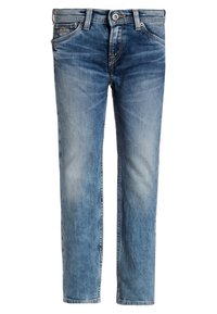 Jeans rectos azul desgastados con cierre de botón y cremallera, bolsillos delanteros y traseros, y presillas para cinturón.