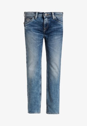 Blaue, ausgebleichte Jeans mit geradem Bein, Knopf- und Reißverschluss, vorderen und hinteren Taschen sowie Gürtelschlaufen.