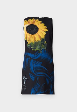 Sleeveless dress with a black background featuring a large sunflower print and blue brushstroke patterns; smooth fabric texture.