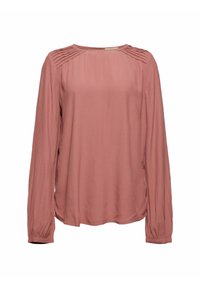 Langärmlige Bluse in staubiger Rosafarben, mit gerafftem Detail an den Schultern, glattem Stoff und rundem Ausschnitt. Slim-Fit-Design.