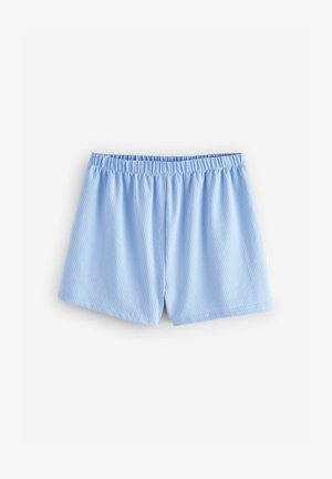 Svetlomodré rebrované šortky s elastickým pásom. Mäkká textúra, voľný strih a rovný lem bez ďalšieho zdobenia.