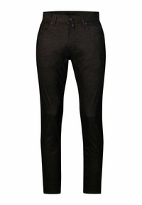 Jeans in denim slim-fit neri con tasche frontali, passanti per cintura e chiusura a bottone, mostrati su uno sfondo bianco.