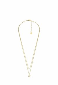 Collier en ton or avec deux chaînes superposées. Une chaîne est lisse, tandis que l'autre présente un accent décoratif avec des lettres et des strass.