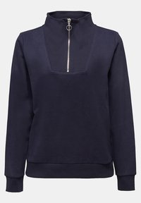 Marinblå sweatshirt med hög krage, halv dragkedja fram, ribbad textur och långa ärmar. Har en fyrkantig utskärning under kragen.