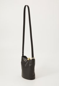 Borsa a tracolla in pelle nera con una texture liscia, caratterizzata da un dettaglio in metallo dorato arrotondato e una tracolla regolabile. Design semplice e compatto.