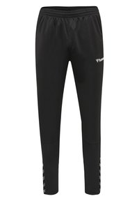 Zwarte sportbroek van glad, lichtgewicht stof. Met een elastische tailleband en opvallende gestreepte accenten bij de enkels.