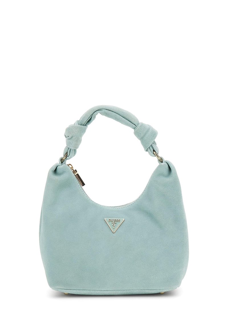 Lichtblauwe suede handtas met een gebogen vorm, geknoopte handgreep en metalen logo-accent. Voorzien van een ritssluiting en een gladde textuur.