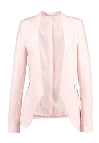 Ljusrosa blazer med en slät textur, öppen frampart och två sidofickor. Har en skräddarsydd passform med långa ärmar.