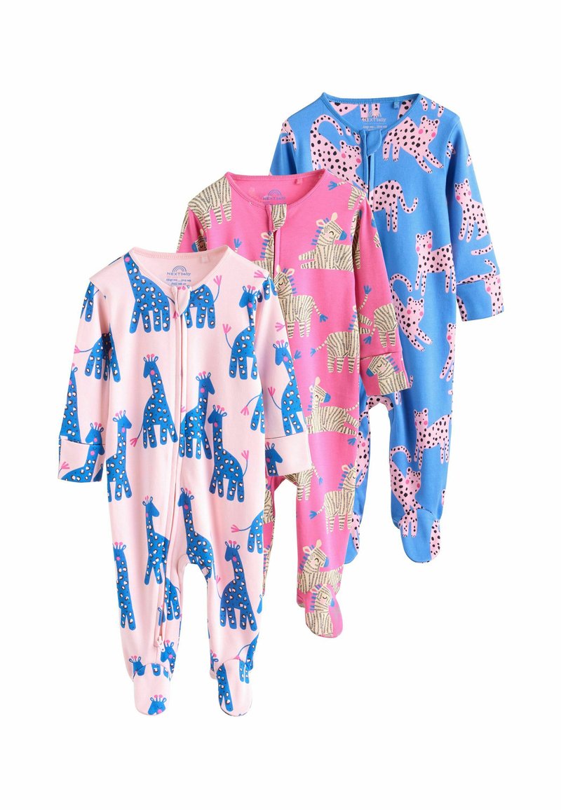 Tre farverige babyfutterdragter med dyremønstre: blå giraffer på lys pink, beige zebraer på pink og lyserøde geparder på blå.