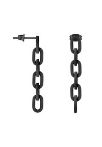 Zwarte kettinglink oorbellen met gladde, ronde schakels van verschillende groottes. Elke oorbel heeft een post-back sluiting.