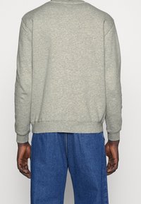 Felpa grigia con scollo a girocollo, polsini e orlo a coste, texture liscia e design semplice, indossata sopra pantaloni di jeans blu.