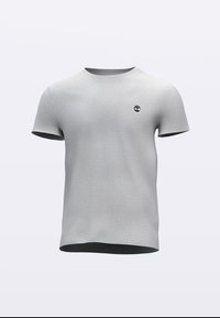 Hellgraues kurzärmeliges T-Shirt aus strukturiertem Stoff, mit einem kleinen schwarzen Logo auf der linken Brust und einem Rundhalsausschnitt.