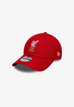 Red baseball cap featuring a white embroidered Liverpool FC logo on the front and an adjustable strap at the back. Flat brim design.