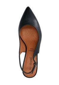 Chaussure en cuir noir à bout pointu avec un design découpé et une bride arrière. Dotée d'une semelle intérieure rembourrée marron étiquetée "mousse à mémoire".