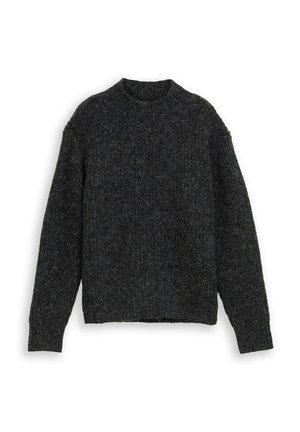 Gestrickter Pullover in Dunkelgrau, mit Rundhalsausschnitt, gerippten Bündchen und einem strukturierten Muster. Lockere Passform mit geradem Saum.