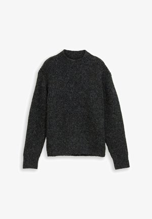 Gestrickter Pullover in Dunkelgrau, mit Rundhalsausschnitt, gerippten Bündchen und einem strukturierten Muster. Lockere Passform mit geradem Saum.