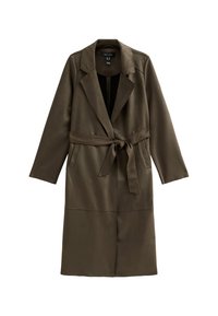 Cappotto avvolgente lungo verde oliva con cintura, ampi risvolti e maniche lunghe. Realizzato in un materiale liscio e leggermente lucido.