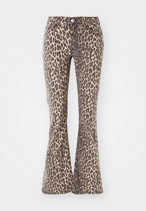 Leopardi mustriga flare-teksad beeži ja tumepruuni värviga, kõrge vöökoha, viie tasku ja nööbiga sulgemisega. Denim kangas tekstureeritud viimistlusega.