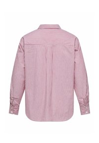 Rot-weiß gestreiftes Langarmshirt mit einem Button-Down-Kragen, geradem Schnitt und geknöpften Manschetten. Der Stoff wirkt glatt und leicht.