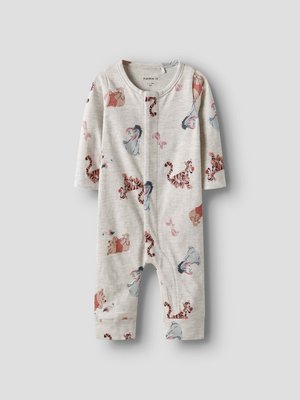 Krém színű baba overál hosszú ujjakkal, rajta rajzfilm tigrisek, szamarak és kis rózsaszín állatok mintái.