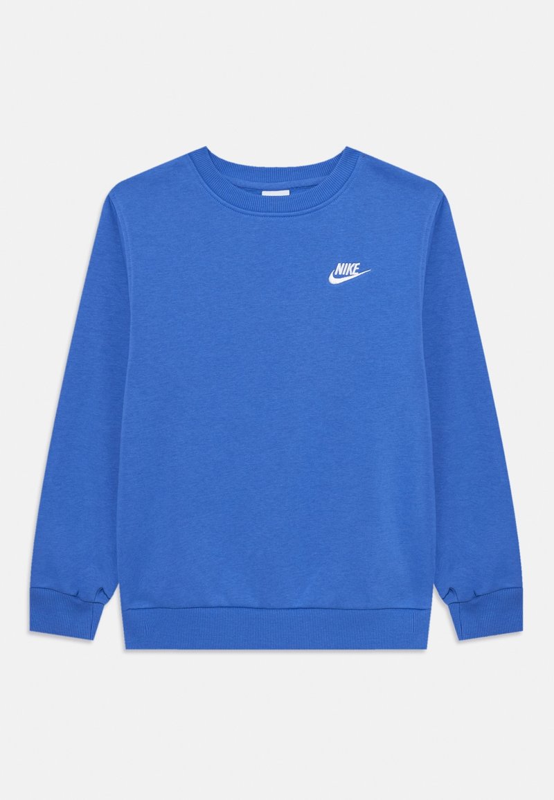 Blaues Sweatshirt mit Rundhalsausschnitt und langen Ärmeln, mit gerippten Bündchen und Saum, mit kleinem weißem Nike-Logo auf der oberen linken Brust.