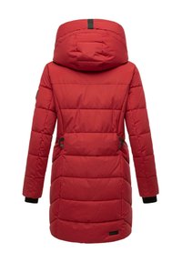 Red padded coat with a detachable hood, featuring a cinched waist, textured fabric, and black accents on cuffs and closure.