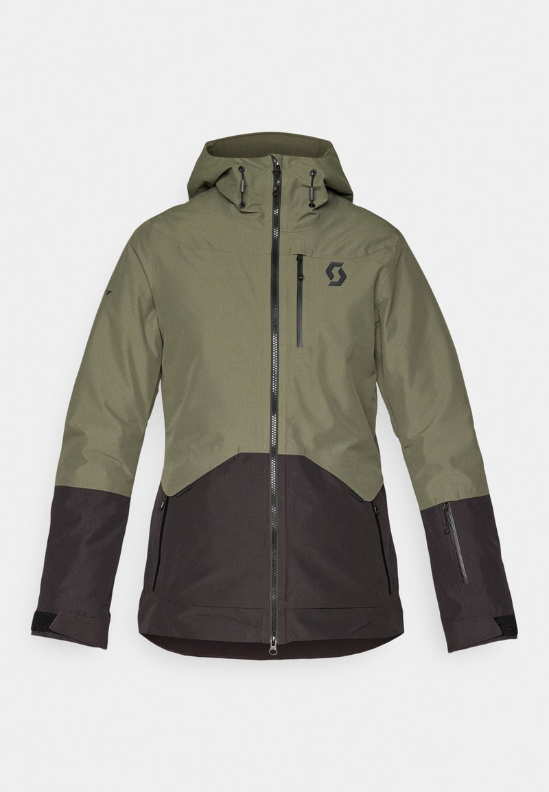 Zweifarbige grüne und schwarze Jacke mit Kapuze, Frontreißverschluss, Brusttasche und Logo auf der oberen linken Seite, entworfen für den Einsatz im Freien.