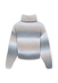 Maglione lavorato a maglia con colletto alto a costine in sfumature di beige, grigio e bianco morbido. Caratterizzato da spalle scese e vestibilità morbida.