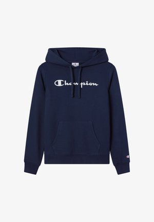 Sweat à capuche bleu marine avec un grand logo blanc "Champion", une poche frontale, une capuche avec cordon de serrage, et des poignets et ourlet côtelés. Matière douce en coton.
