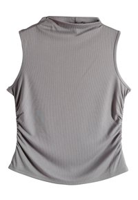 Haut gris sans manches avec un col haut et des détails froncés sur les côtés, en tissu lisse et extensible, avec un ourlet arrondi.