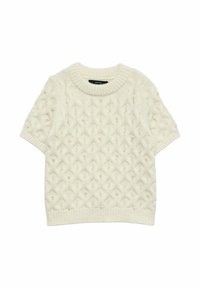 Sweter z krótkim rękawem w kolorze kremowym z plecionym wzorem, z okrągłym dekoltem i drobnymi perłowymi akcentami na całej powierzchni.