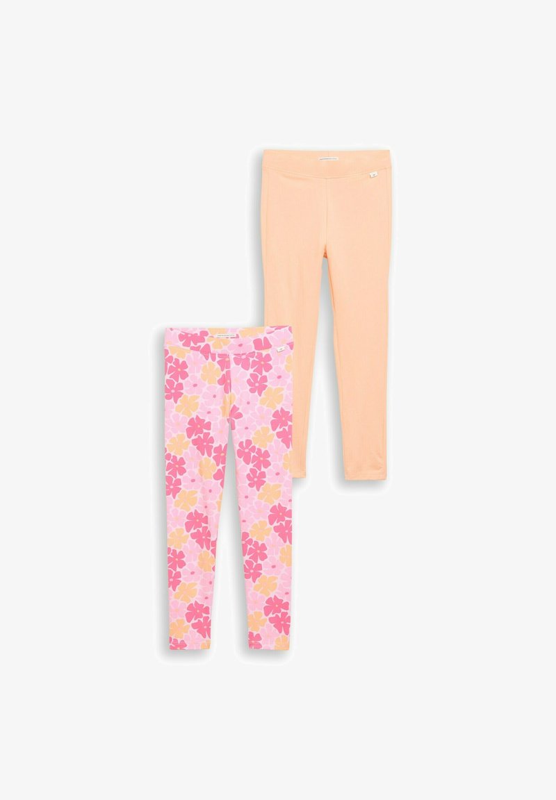 Deux paires de leggings pour femmes ; une couleur pêche unie, l'autre rose avec un motif floral jaune et rose foncé, toutes deux longueur cheville avec des tailles élastiques.