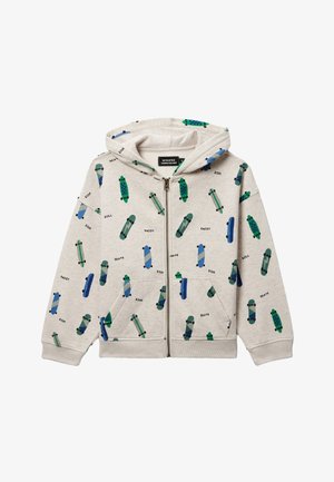 Sweat à capuche beige zippé avec poches avant, décoré de motifs de skateboard bleus et verts ainsi que des mots comme "ride", "skate" et "enjoy".