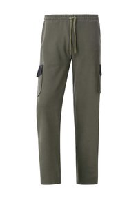 Olivgrüne Cargohose aus Baumwollmischung mit elastischem Bund, Kordelzug, zwei Seitentaschen und zwei schwarzen Cargotaschen.