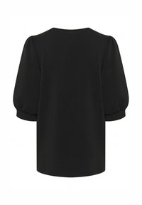 Black short-sleeve top, round neckline, puffed sleeves with elastic cuffs, smooth fabric, relaxed fit, no visible patterns or embellishments.