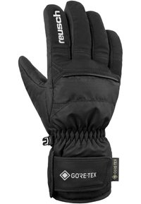 Black winter gloves made of waterproof Gore-Tex material. Features a snug fit with elasticized wrist and a reinforced palm area.