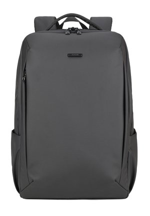 Rectangular black backpack with front zip pocket, padded straps, top handle, and two side pockets, designed for everyday use.