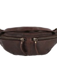 Dunkelbraune Leder-Gürteltasche mit drei Reißverschlussfächern und Metallreißverschlüssen, vor weißem Hintergrund dargestellt.