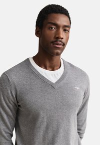 Mężczyzna z krótkimi kręconymi włosami i wąsami, ubrany w szary sweter z dekoltem w serek na białej koszulce, patrzy w kamerę.