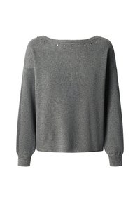 Pelēks adīts džemperis ar brīvu piegriezumu. Iezīmējas ar plašu kakla izgriezumu un dekoratīvām kniedēm gar muguru. Garas piedurknes ar ribotiem aprocēm.