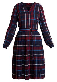 Sukienka w kratę z długim rękawem w kolorze granatowym, czerwonym, niebieskim i białym, z guzikami z przodu i pasującym paskiem w talii.