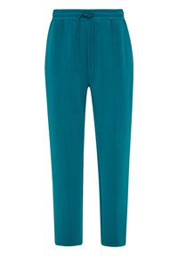 Teal, elastische broeken met een drawstring, met een gladde textuur en taps toelopende pijpen, ontworpen voor comfort en bewegingsvrijheid.