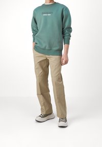Man med en grön Dickies sweatshirt, beige arbetsshorts och gröna och vita sneakers, stående med en hand i fickan mot en vit bakgrund.
