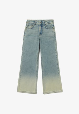Vaqueros de pierna ancha azul claro con un degradado desgastado, que cuentan con un diseño clásico de cinco bolsillos, cierre de cremallera y una cinturilla cosida.
